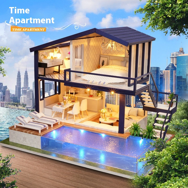 Model of a time apartment with a cityscape background