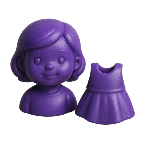 Purple figurine of a girl with a matching dress on a monochrome background