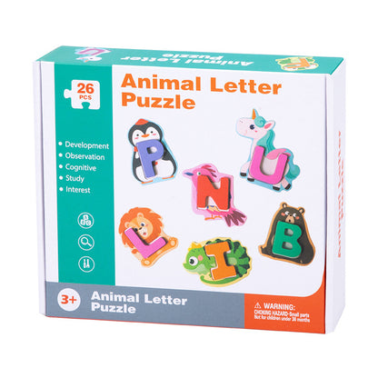 Box of Animal Letter Puzzle with colorful letters and animal illustrations on a white background