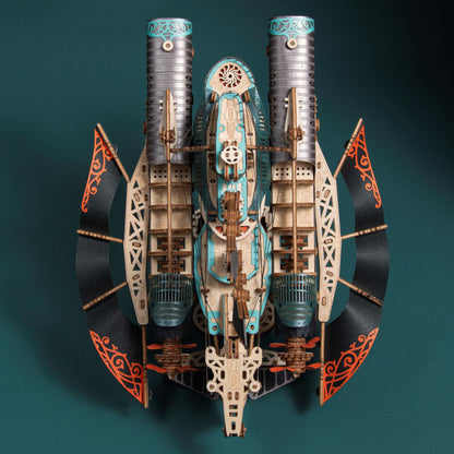 Detailed model of a futuristic ship with intricate design on a dark green background