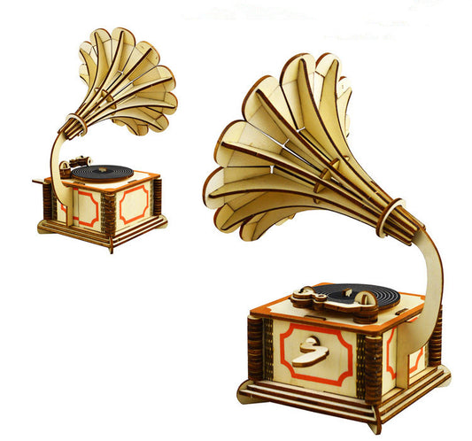 Wooden gramophone model on a white background