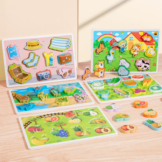 Set of colorful children's puzzles on a wooden surface