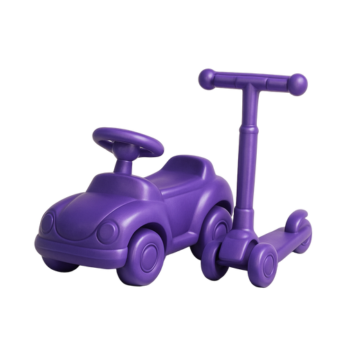 Purple toy car and scooter on a monochrome background