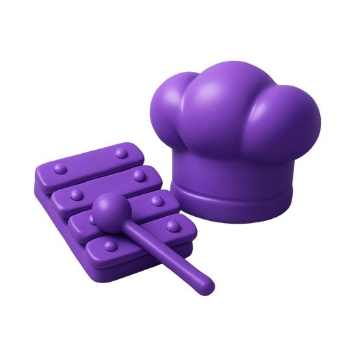 Purple toy xylophone and maraca on a monochrome background