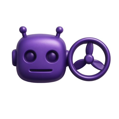 Purple robot toy with a steering wheel on a monochrome background