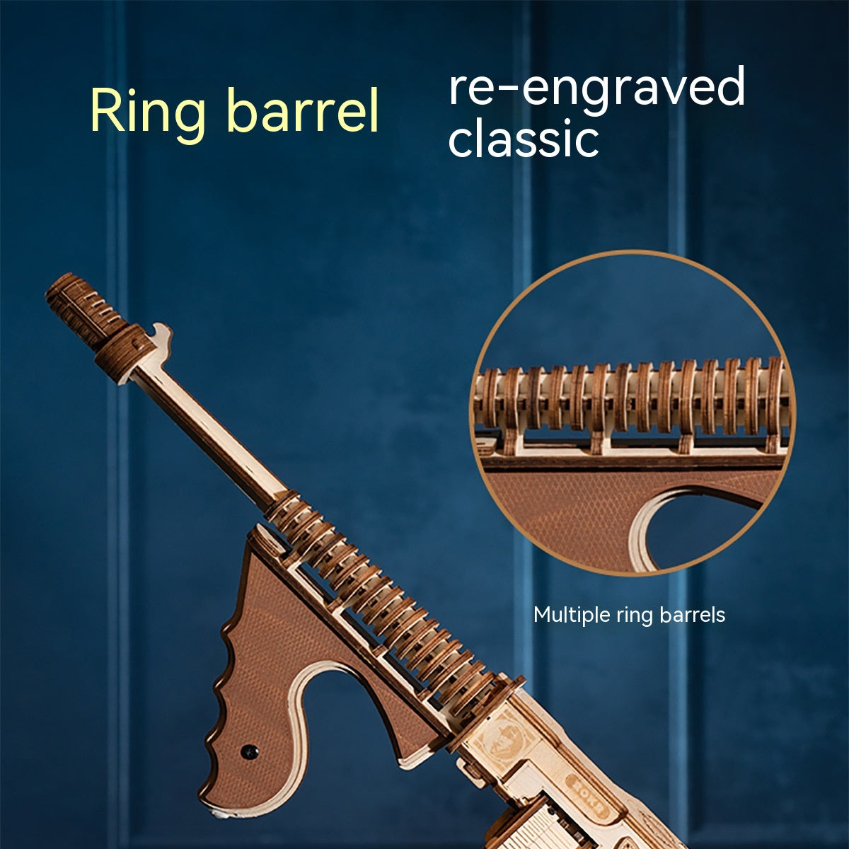 Decorative rifle with ring barrel design on a blue background