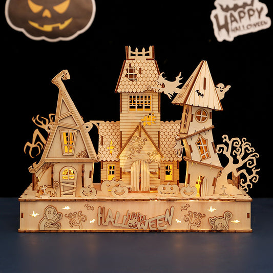 Wooden Halloween house 3d puzzle with black background