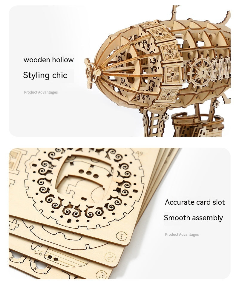 Wooden model kit with detailed design and unassembled pieces on a white background