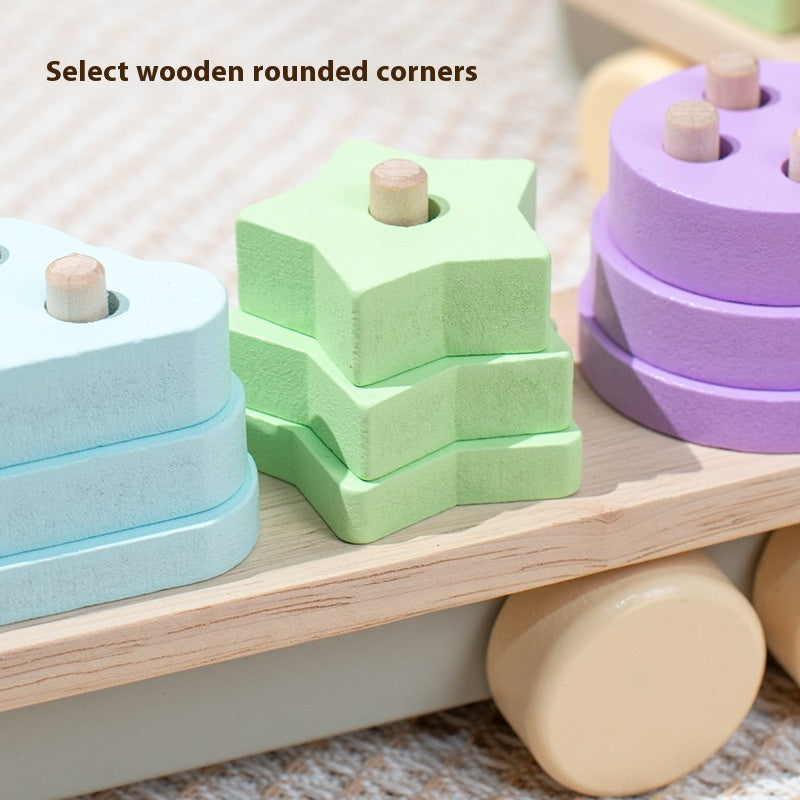 Wooden shape sorting toys with rounded corners on a wooden tray.