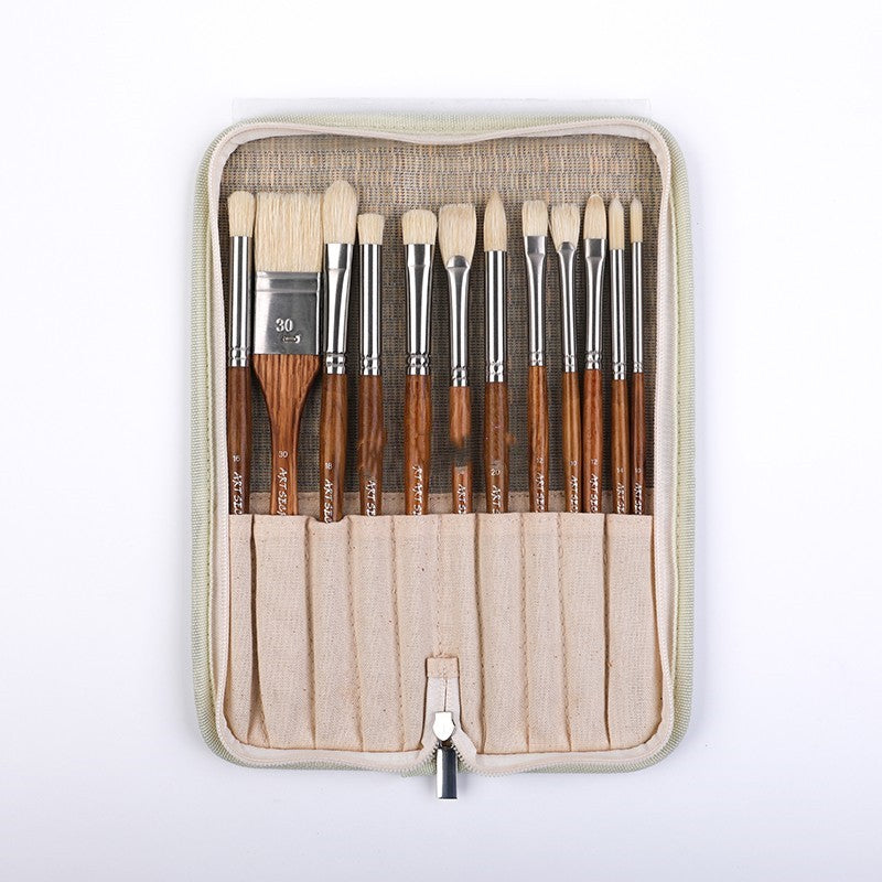 12-Piece Hog Bristle Paint Brush Set with Storage Mat Bag