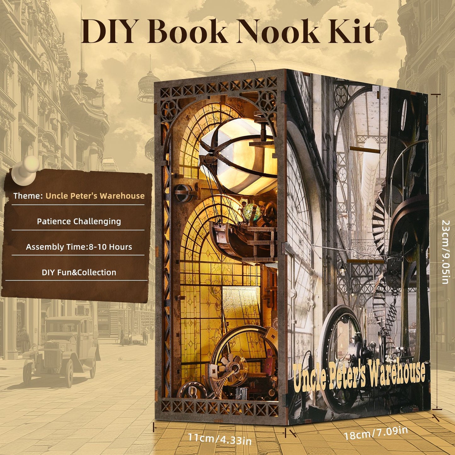Uncle Peter’s Warehouse Steampunk Book Nook DIY Wooden 3D Kit with LED