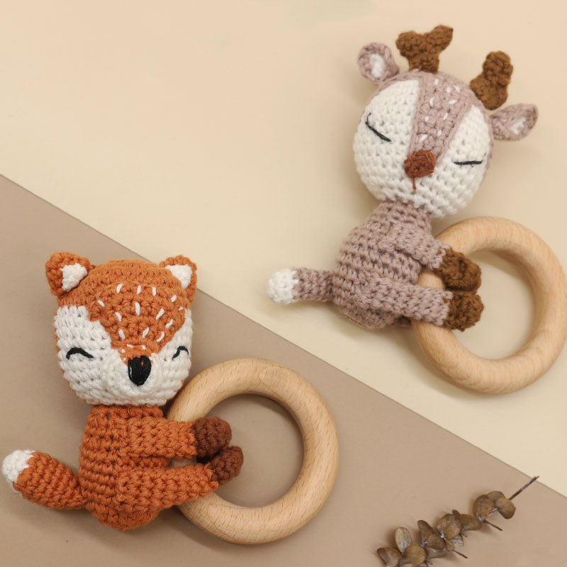 Handmade Crochet Fox or Elk Teether Rattle with Beech Ring