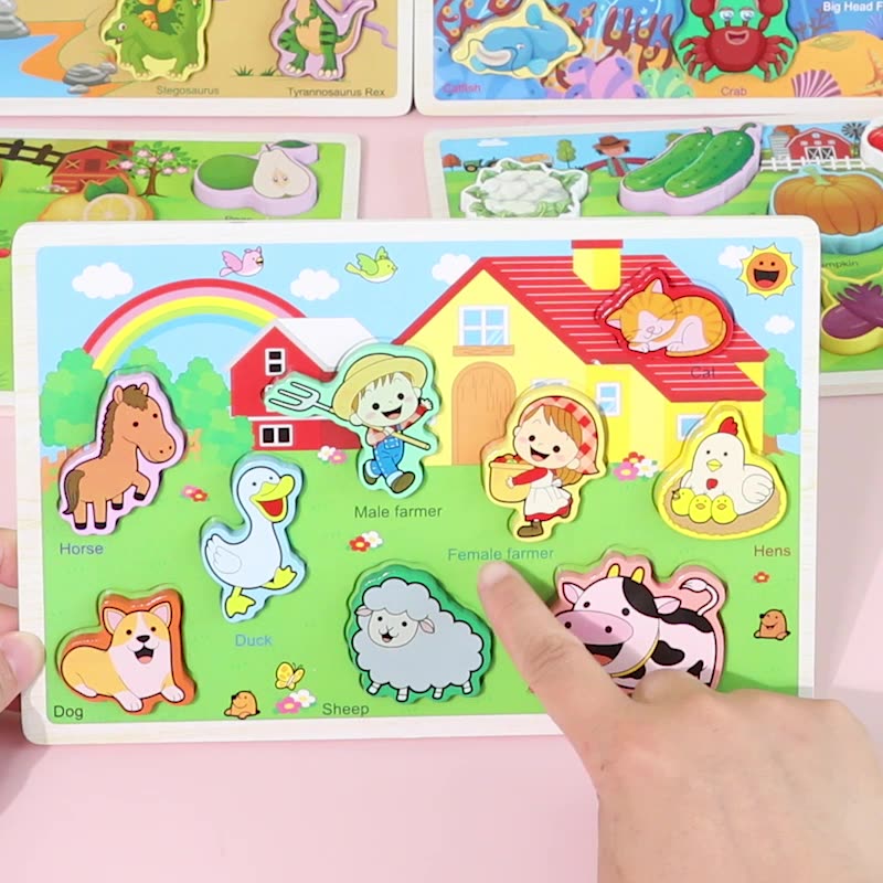 Montessori Grab & Match Wooden Scene Puzzle Board