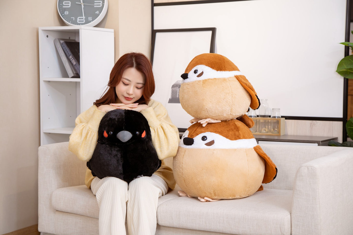 Cute Spherical Sparrow & Crow Plush Cushion Pillow (35/40 cm)