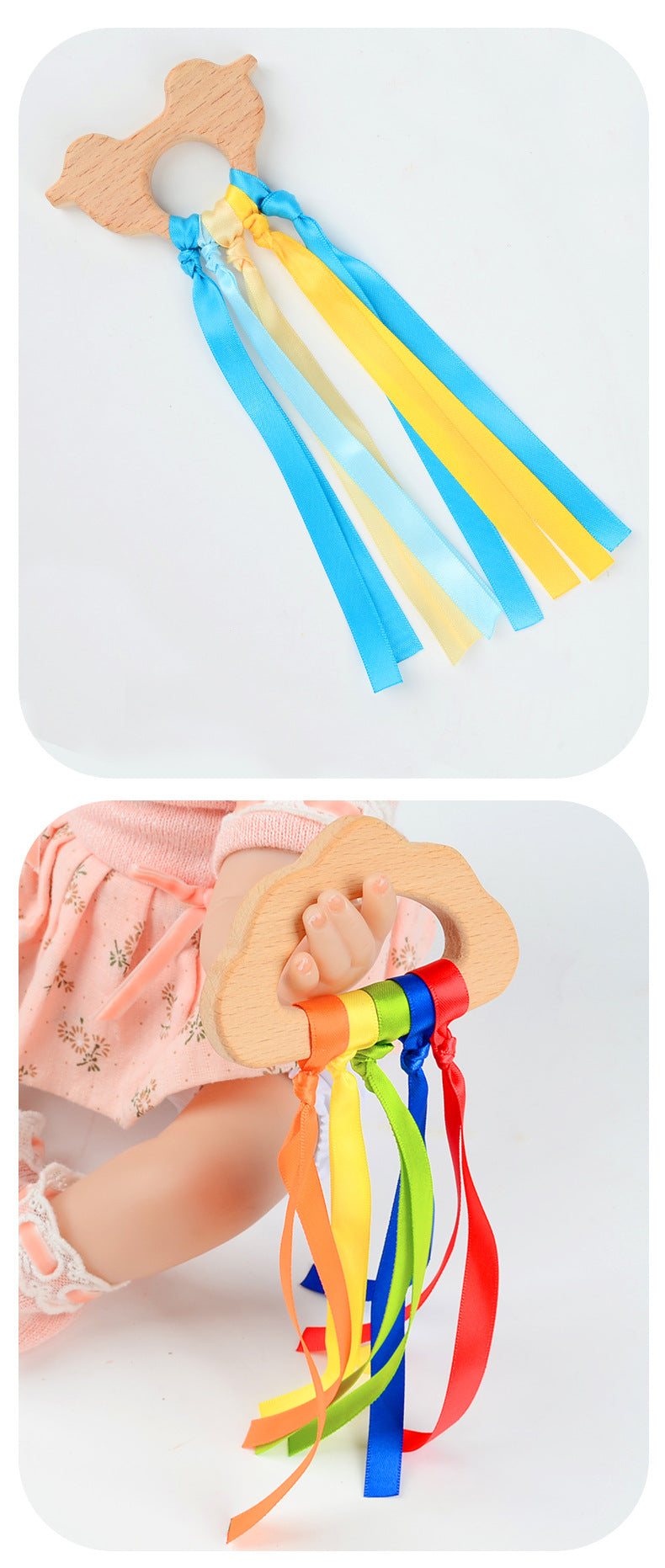 Beech Wood Ribbon Teether Sensory Ring for Babies