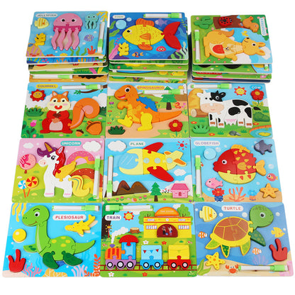 Set of colorful children's educational puzzles with various animals and objects.