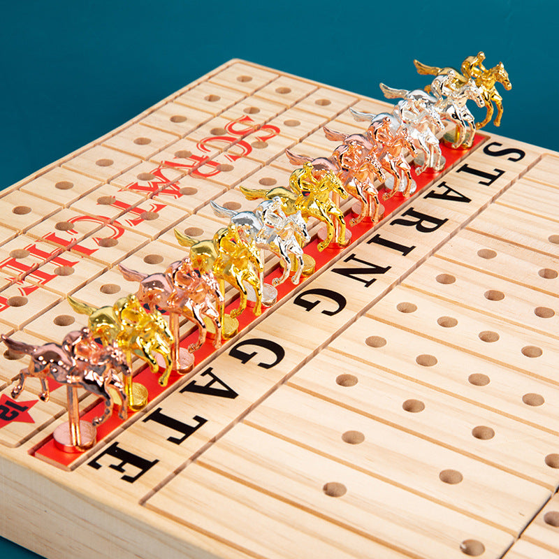 Folding Wooden Horse Racing Board Game with Metal Horses and Cards