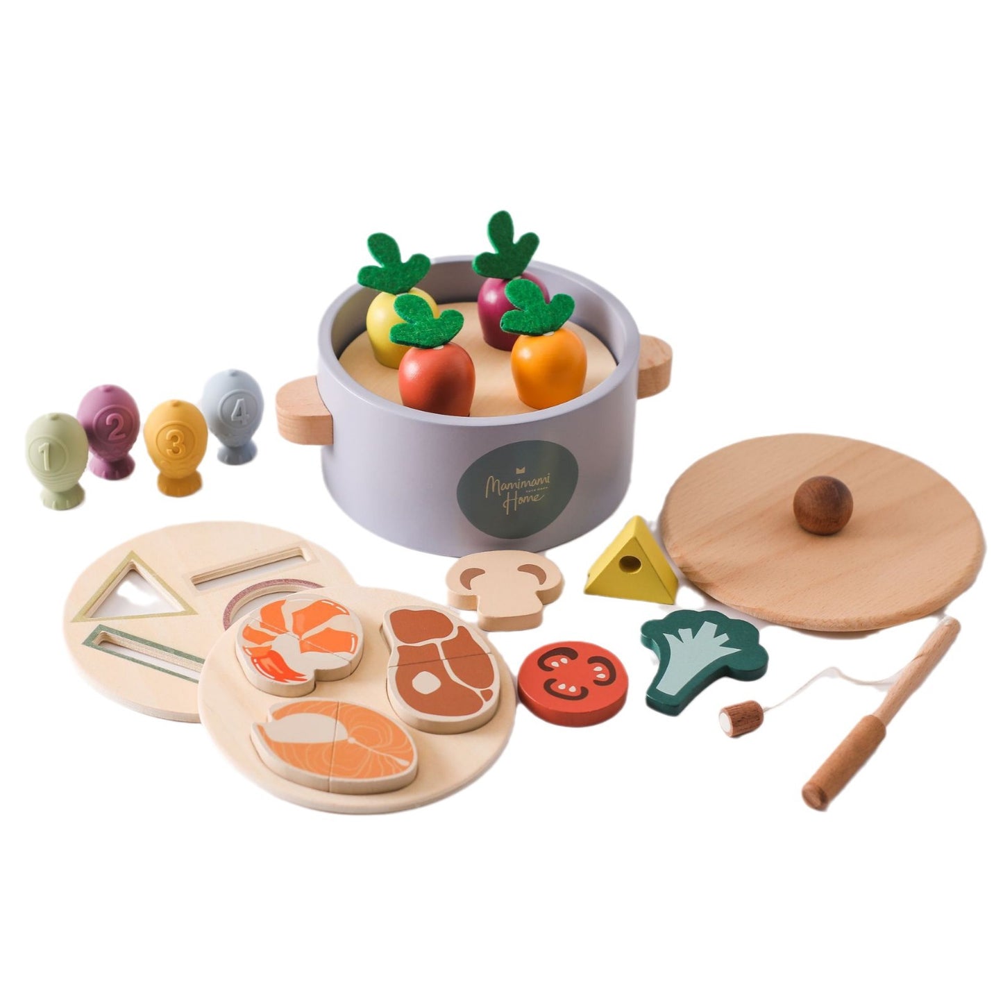 Children’s Wooden Radish Pull & Magnetic Fishing Pot Pretend Play Set