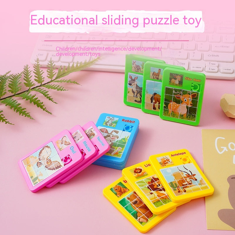 Educational sliding puzzle toy with colorful cards on a pink surface