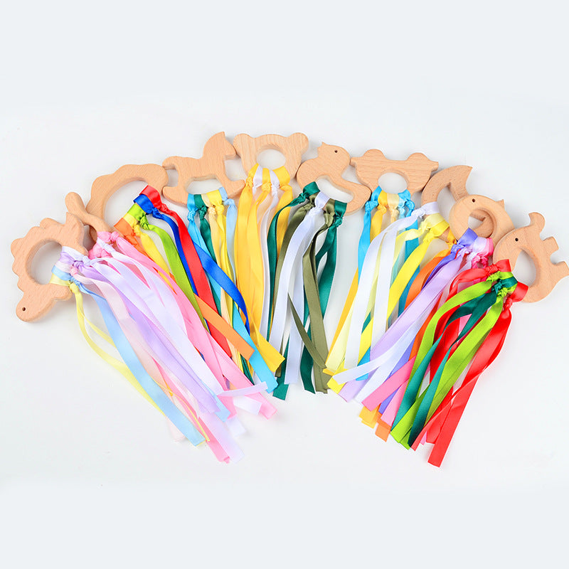 Beech Wood Ribbon Teether Sensory Ring for Babies