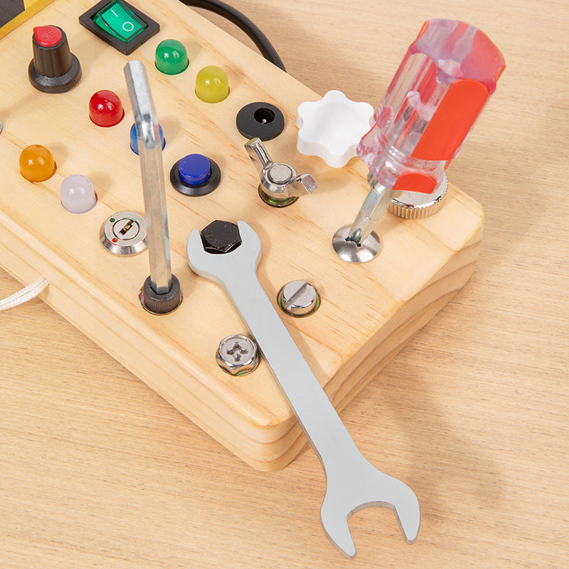 Children’s Wooden LED Busy Board with Switches, Lights and Tools