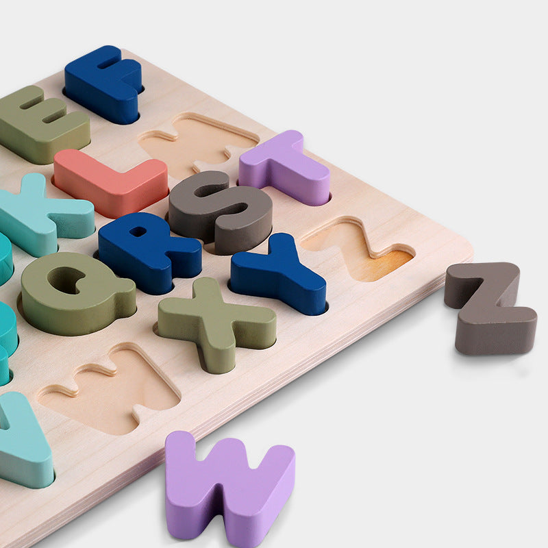 Macaron Wooden Alphabet, Number & Shape Puzzle Board (29.5×22 cm)