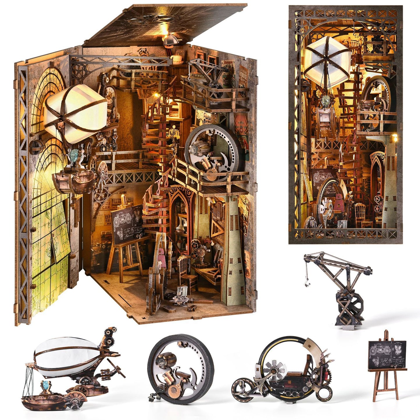 Uncle Peter’s Warehouse Steampunk Book Nook DIY Wooden 3D Kit with LED