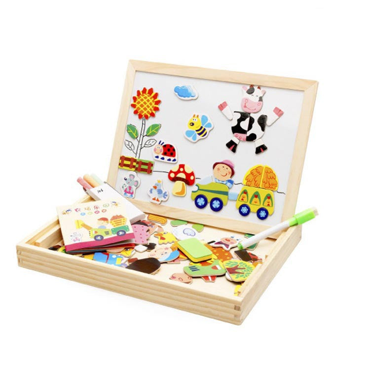 Double-sided Magnetic Puzzle Box with Drawing Board for Kids