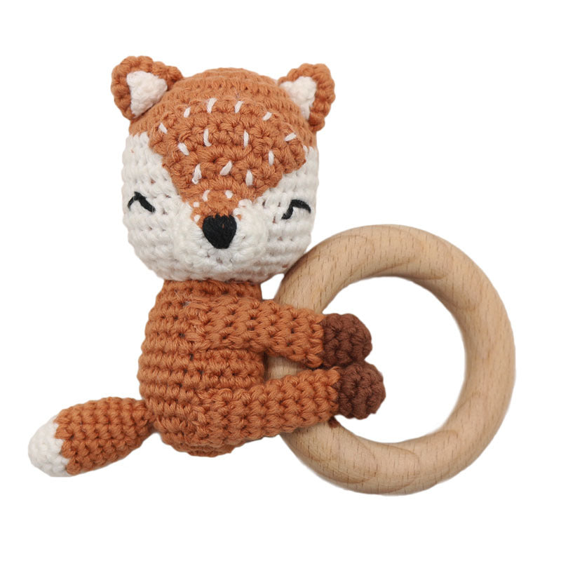 Handmade Crochet Fox or Elk Teether Rattle with Beech Ring