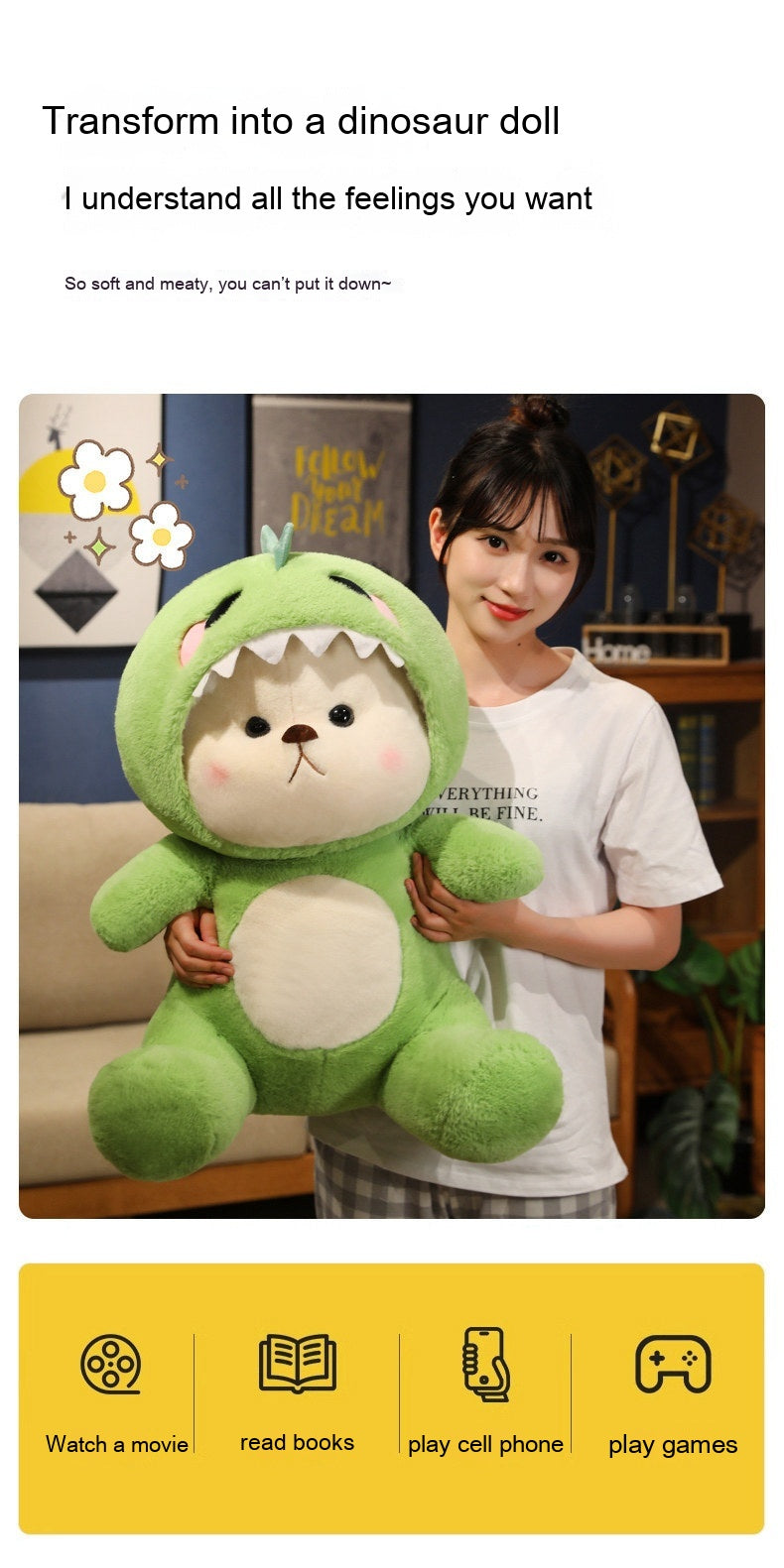Transforming Dinosaur Bear Plush – Sleeping Pillow (28/40/50/65 cm)