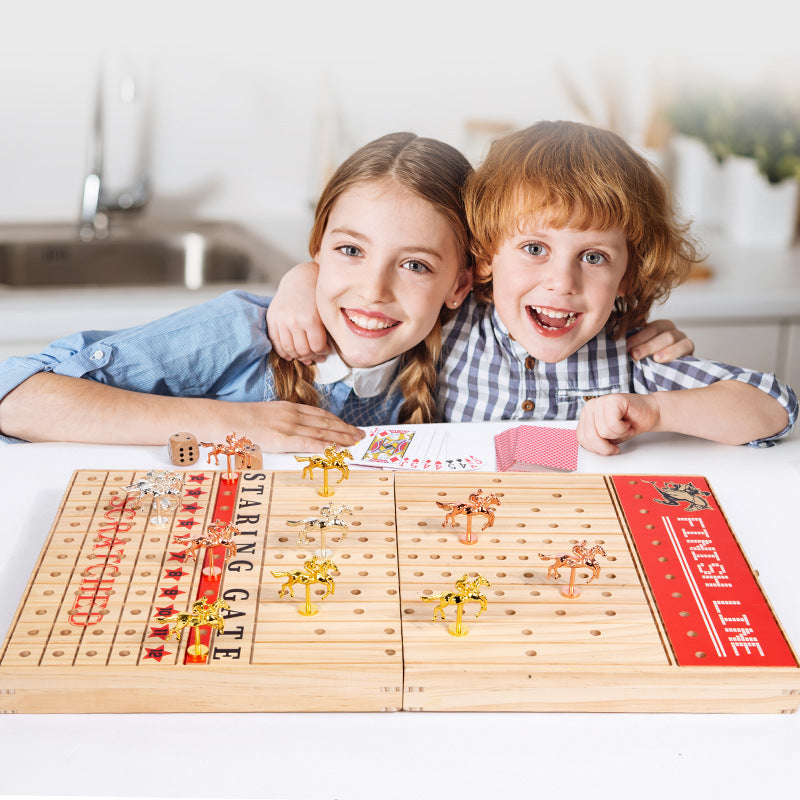 Folding Wooden Horse Racing Board Game with Metal Horses and Cards