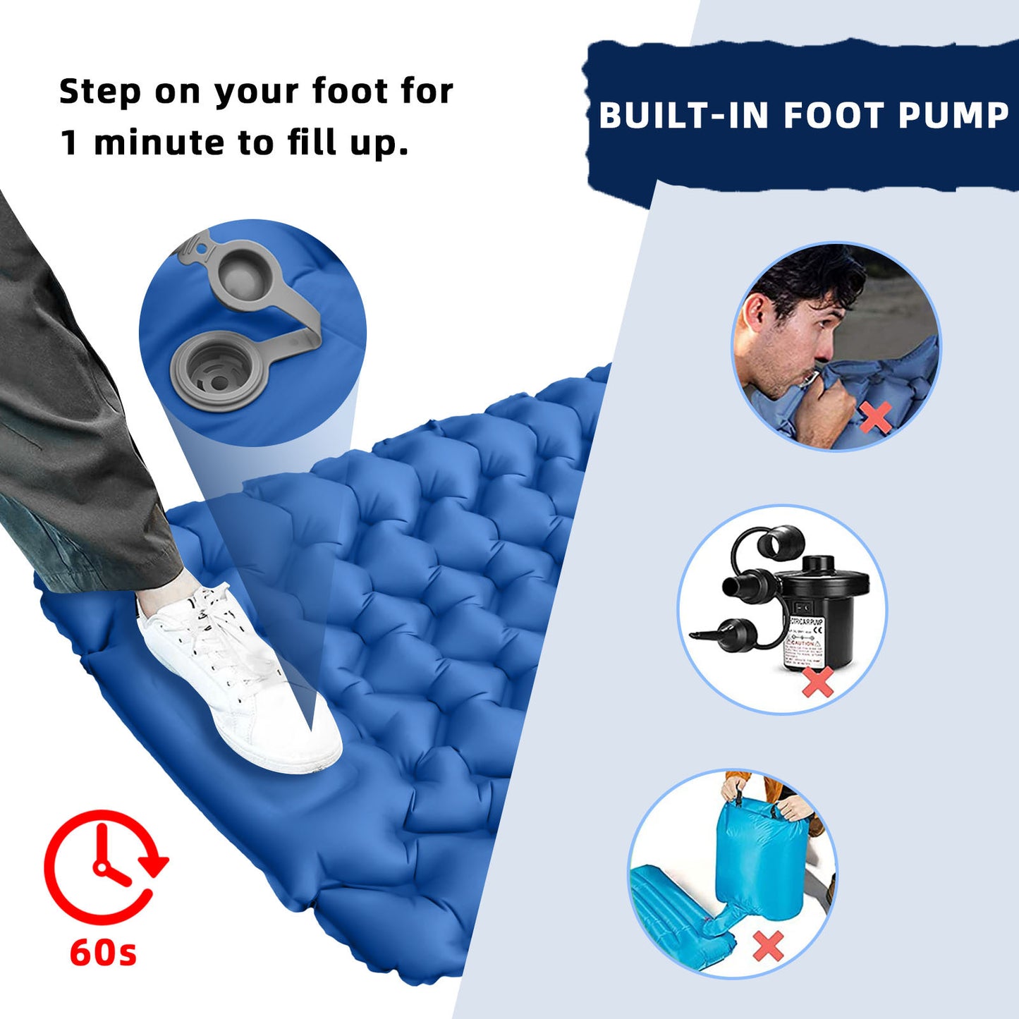 Inflatable Camping Mattress with Built-In Foot Pump (Single, 196×68×9 cm)