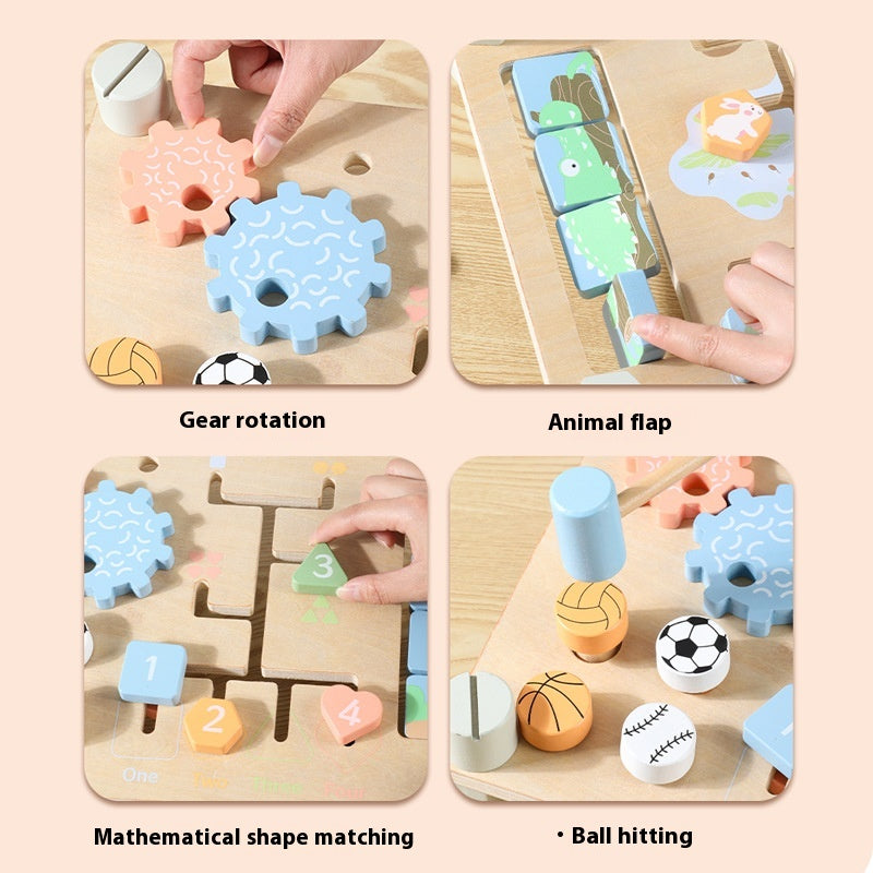 Wooden educational toy with various interactive elements on a beige background