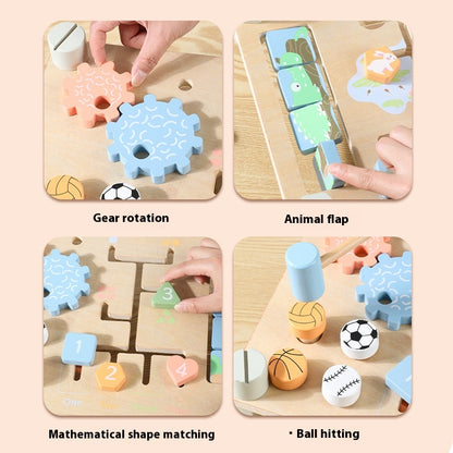 Wooden educational toy with various interactive elements on a beige background