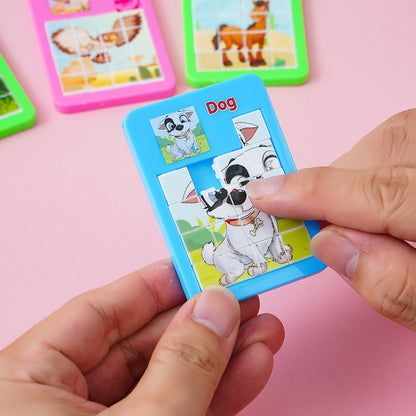 Hand holding a card with a cartoon dog illustration on a pink background