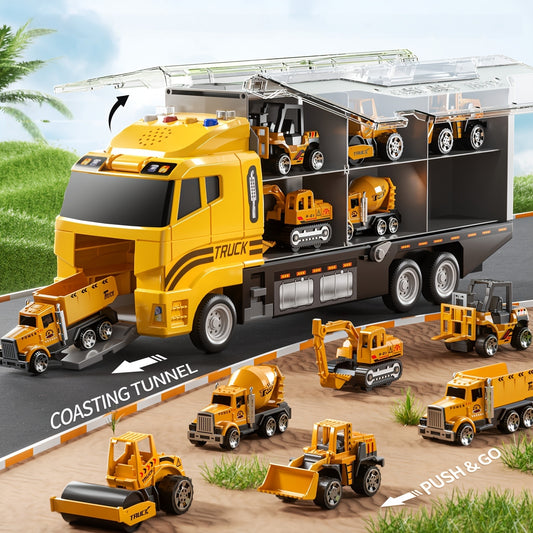 Construction Truck Carrier Playset with Play Mat for Kids 3+