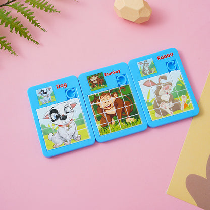 Educational children's puzzle cards with animal illustrations on a pink background