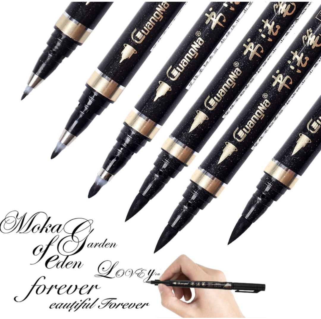 Guangna Calligraphy Brush Pen Set 6 Pack Refillable Black