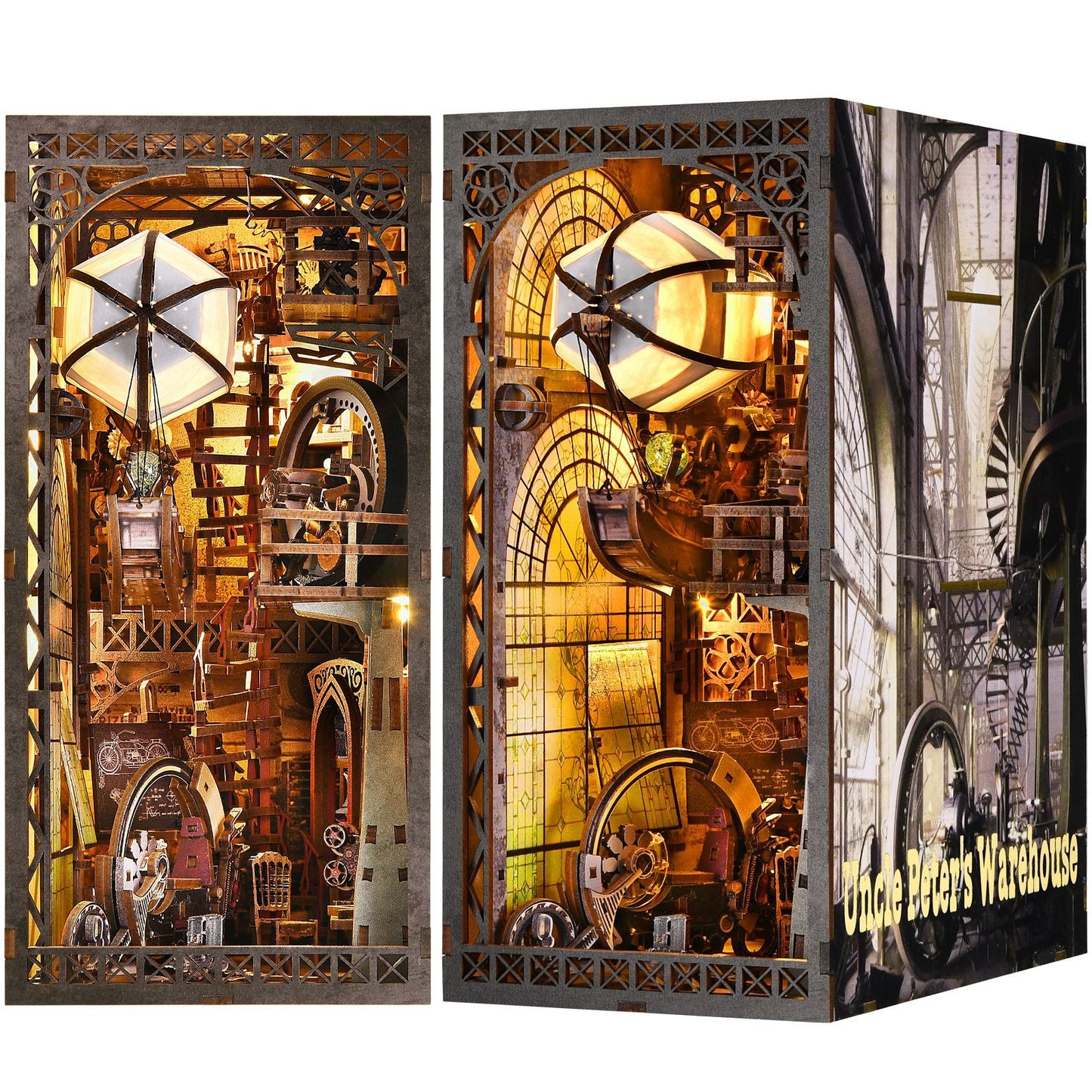 Uncle Peter’s Warehouse Steampunk Book Nook DIY Wooden 3D Kit with LED