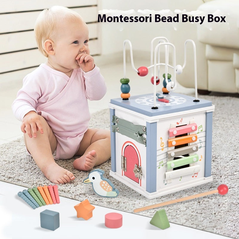 Montessori Wooden Busy Box: Bead Maze, Xylophone and Shape Sorter