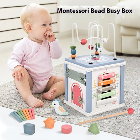 Montessori Wooden Busy Box: Bead Maze, Xylophone and Shape Sorter