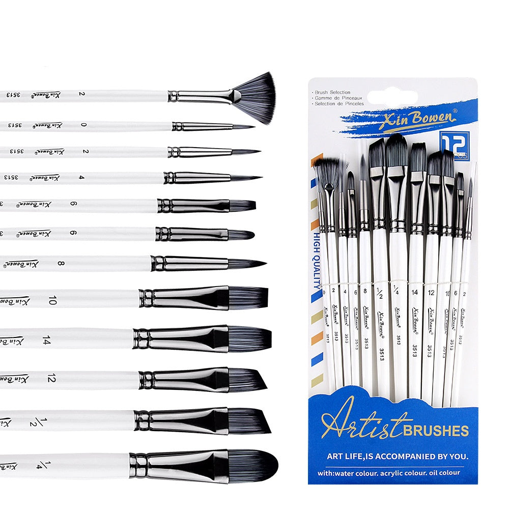 12-Piece Nylon Paint Brush Set for Watercolor, Acrylic and Oil