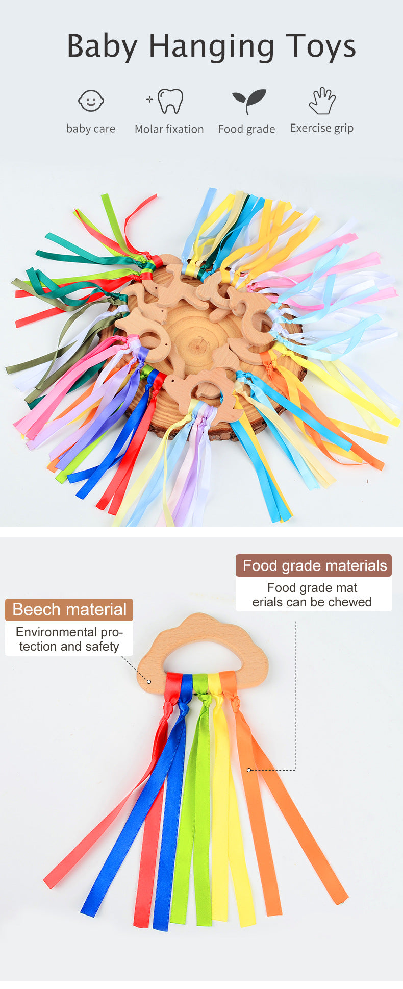 Beech Wood Ribbon Teether Sensory Ring for Babies