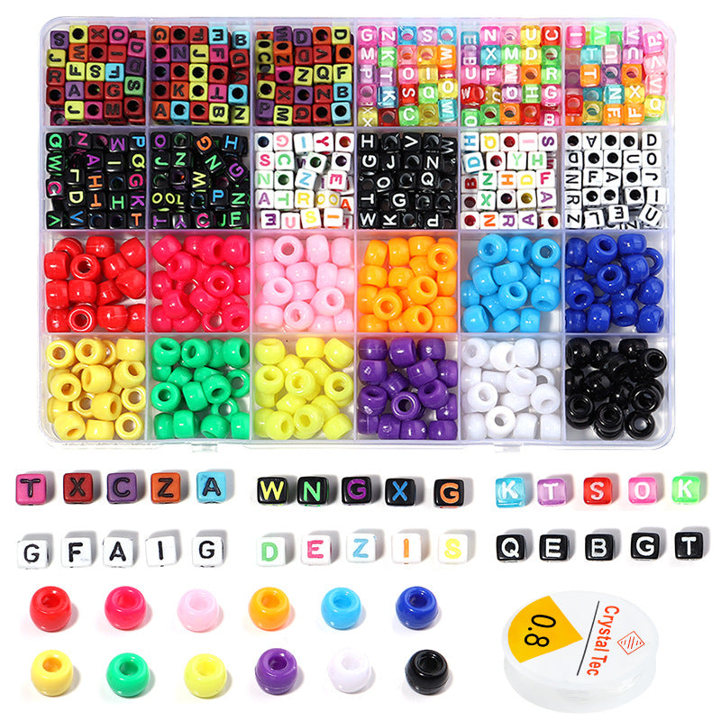 Assorted colorful beads and letter tiles in a clear container with 'Crystal Tec' branding.