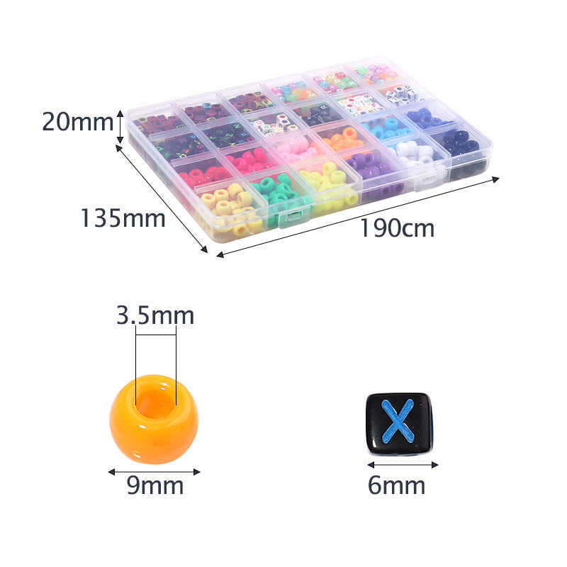 Colorful beads in a transparent box with measurements on a white background