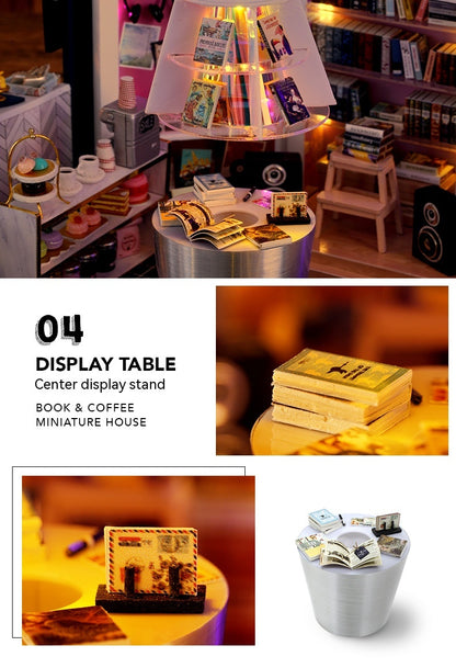 Collage of a miniature display table with books, coffee, and a small house, set against a cozy room background.