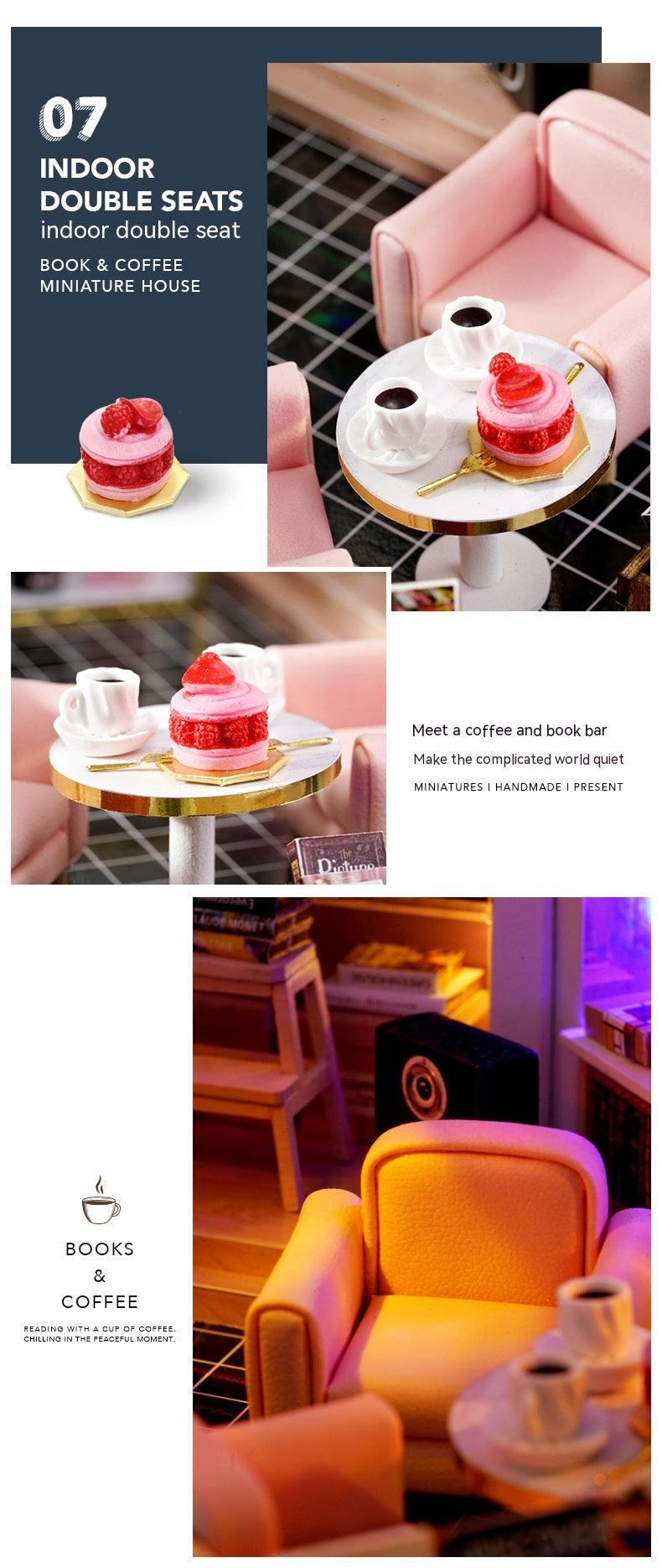 Collage of indoor seating area with pink chairs, coffee table, and small cakes.