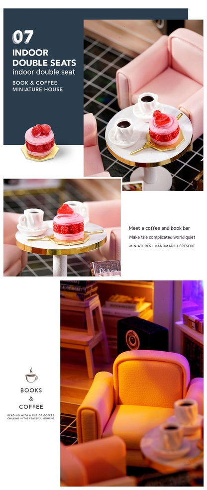 Collage of indoor seating area with pink chairs, coffee table, and small cakes.