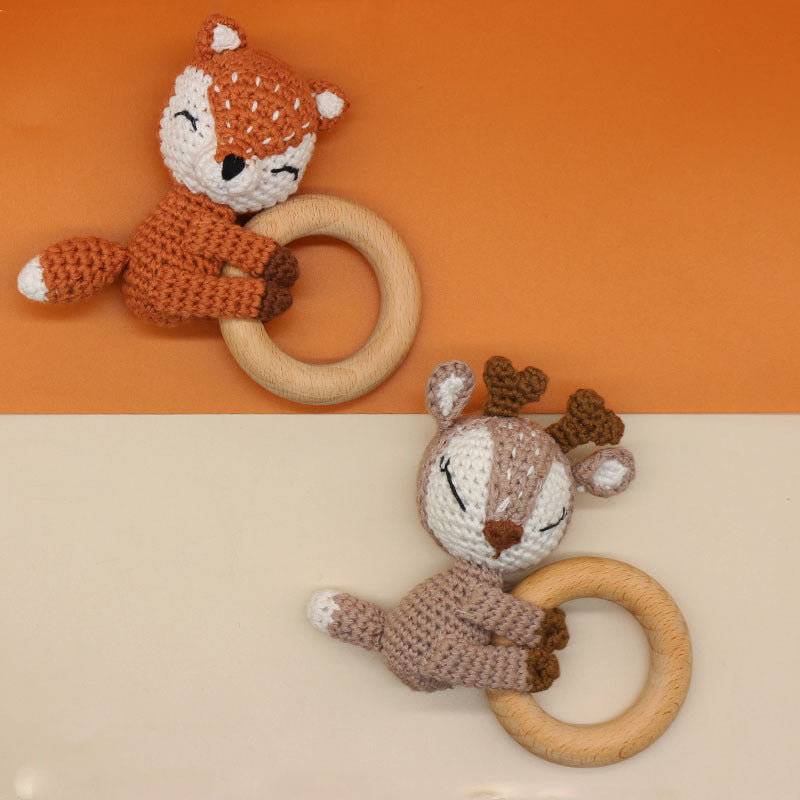 Handmade Crochet Fox or Elk Teether Rattle with Beech Ring