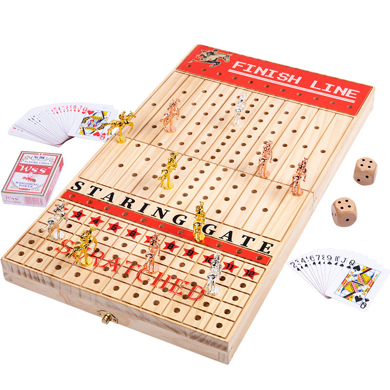 Folding Wooden Horse Racing Board Game with Metal Horses and Cards
